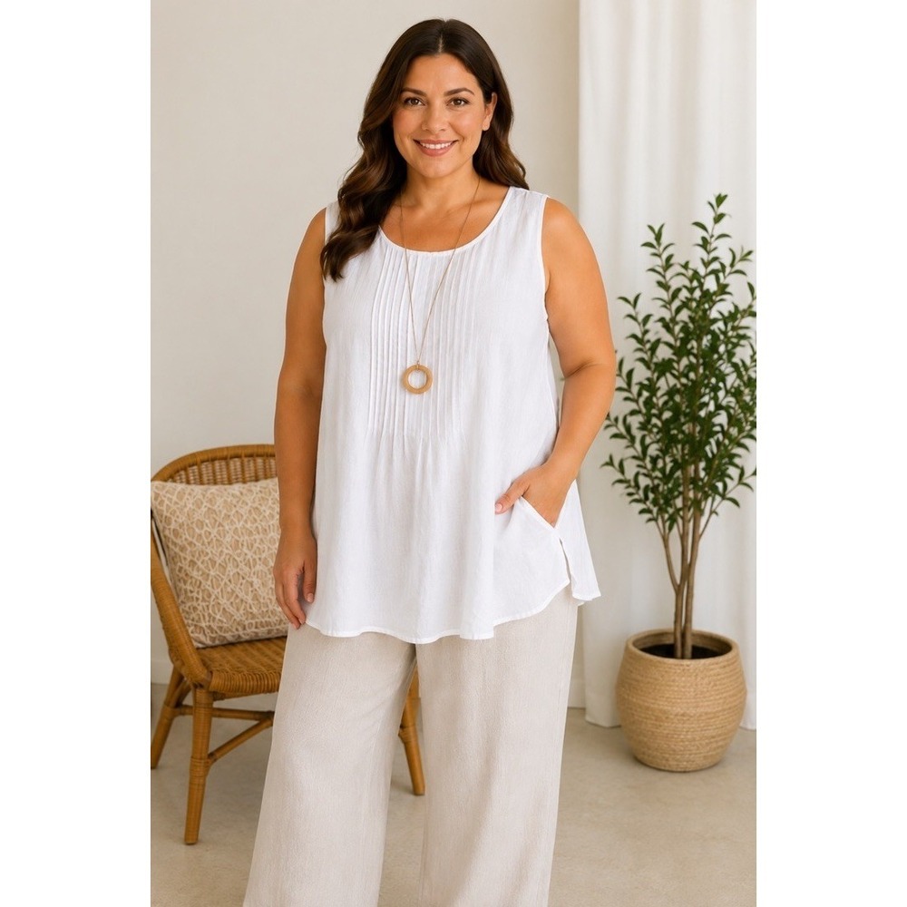 Grace Elements White Linen Sleeveless Top Pleated Accent Plus Size 2X New w Tags